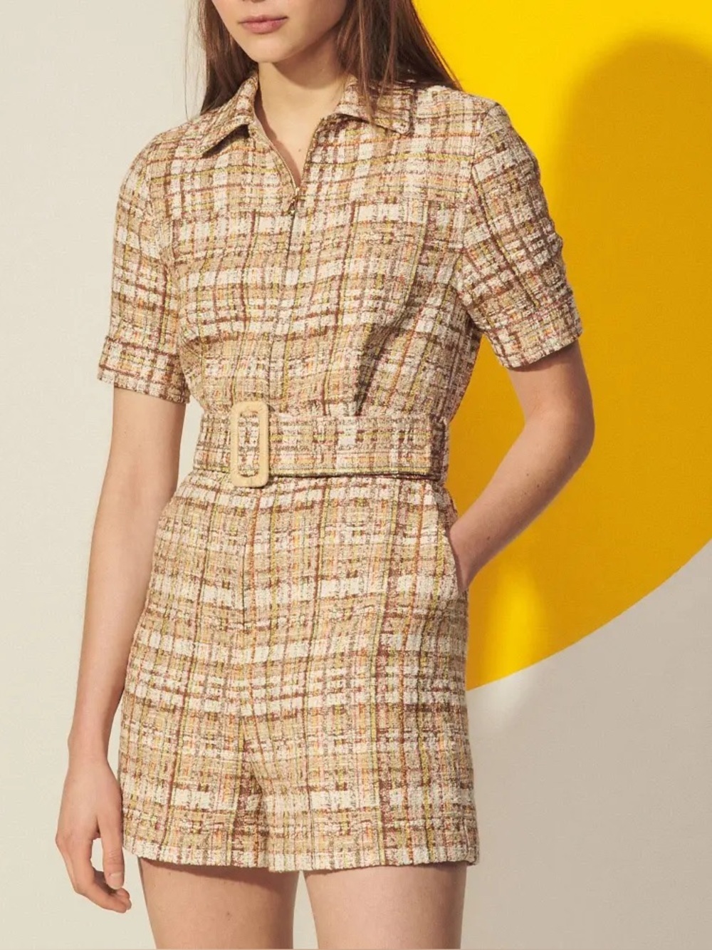 Sandro Paris Acacia Tweed Belted Playsuit NEW